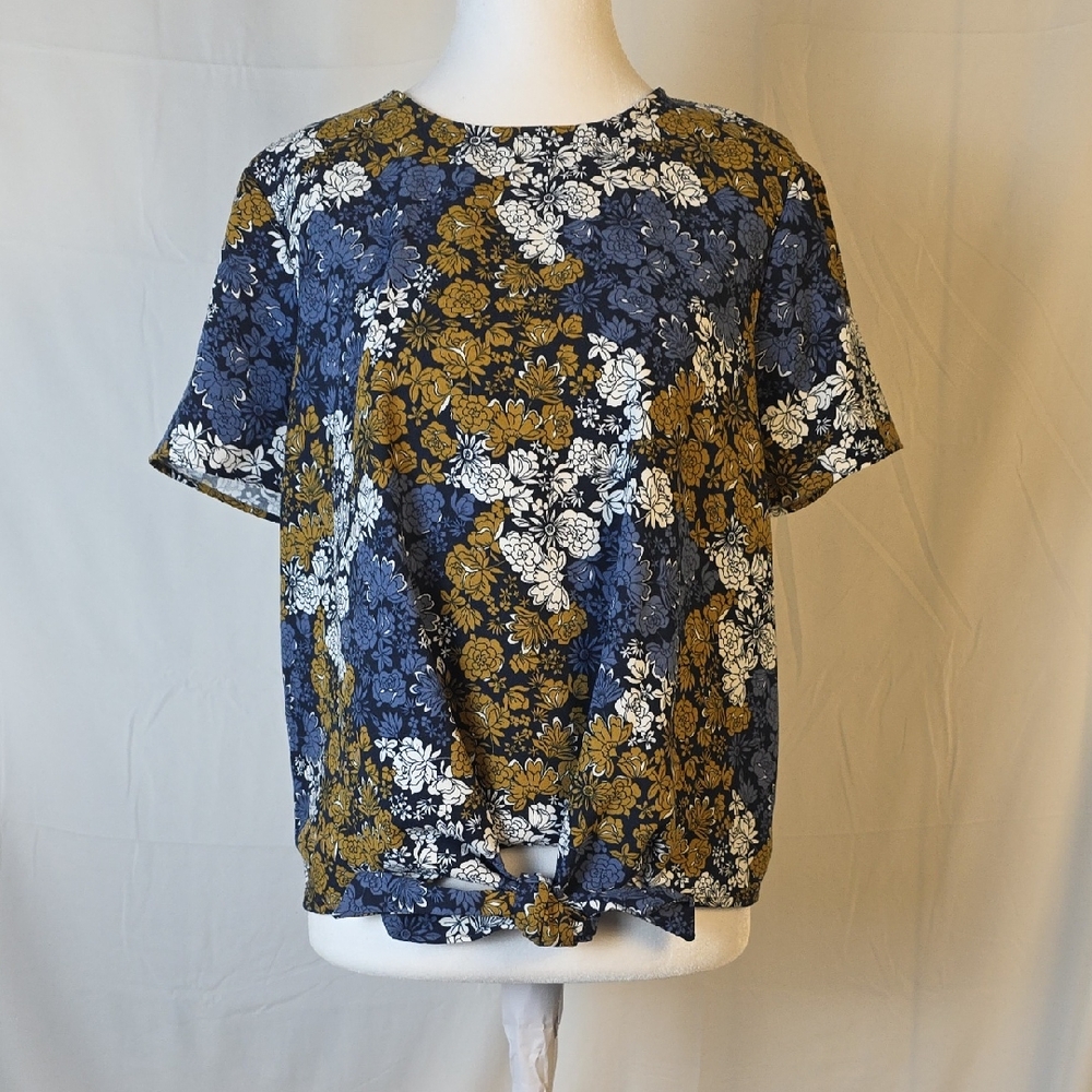 Ann Taylor Factory Floral Blue and Yellow Women's Top With Front Tie Accent